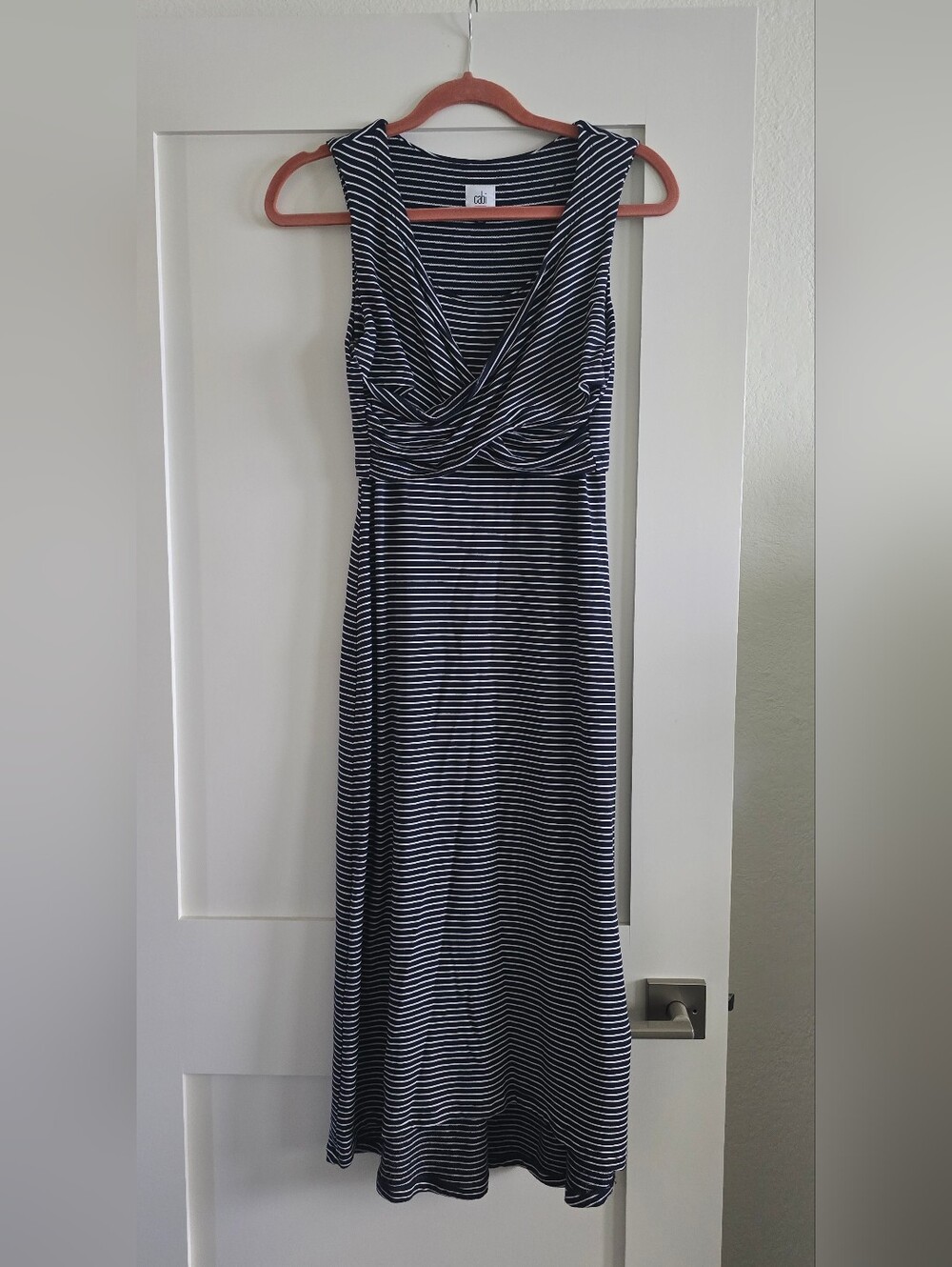 CAbi Navy and White Striped Sleeveless Maxi Dress